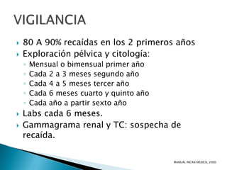    80 A 90% recaídas en los 2 primeros años
   Exploración pélvica y citología:
    ◦   Mensual o bimensual primer año
    ◦   Cada 2 a 3 meses segundo año
    ◦   Cada 4 a 5 meses tercer año
    ◦   Cada 6 meses cuarto y quinto año
    ◦   Cada año a partir sexto año
   Labs cada 6 meses.
   Gammagrama renal y TC: sospecha de
    recaída.

                                           MANUAL INCAN MEXICO, 2000
 