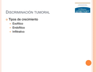 DISCRIMINACIÓN TUMORAL
 Tipos de crecimiento
 Exofitico
 Endofitico
 Infiltrativo
 