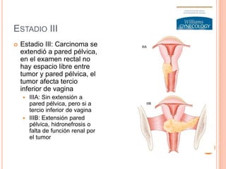 ESTADIO III
 Estadio III: Carcinoma se
extendió a pared pélvica,
en el examen rectal no
hay espacio libre entre
tumor y pared pélvica, el
tumor afecta tercio
inferior de vagina
 IIIA: Sin extensión a
pared pélvica, pero si a
tercio inferior de vagina
 IIIB: Extensión pared
pélvica, hidronefrosis o
falta de función renal por
el tumor
 