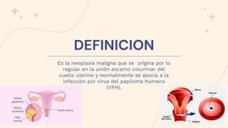 DEFINICION
Es la neoplasia maligna que se origina por lo
regular en la unión escamo columnar del
cuello uterino y normalmente se asocia a la
infección por virus del papiloma humano
(VPH).
 