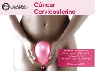 Cáncer 
Cervicouterino 
Hospital San Fernando 
Ginecologia y Obstetricia 
Dr. Erwin Giesen 
Int. Sarah Elgueta Lizarrague 
04 de Junio 2014 
 