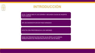 ES EL TUMOR MÁS FC DE ESPAÑA Y SEGUNDA CAUSA DE MUERTE
POR CÁNCER
30% DE DIAGNOSTICAN EN FASE AVANZADA
AFECTA CON PREFERENCIA A LOS VARONES
EDAD DE PRESENTACIÓN ENTRE 60-80 AÑOS (LAS FORMAS
HEREDITARIAS SE PRESENTAN ANTES DE LOS 50 AÑOS)
INTRODUCCIÓN
 