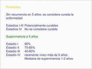 Pronóstico Sin recurrencia en 5 años: se considera curada la enfermedad Estadíos I-III Potencialmente curables Estadíos IV No se considera curable Supervivencia a 5 años Estadío I 90% Estadío II 75-85% Estadío III 40-60% Estadío IV raramente viven más de 5 años Mediana de supervivencia 1-2 años 