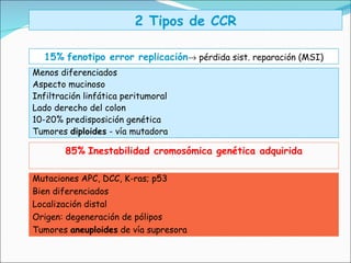 2 Tipos de CCR Mutaciones APC, DCC, K-ras; p53  Bien diferenciados Localización distal Origen: degeneración de pólipos Tumores  aneuploides  de vía supresora 85%   Inestabilidad cromosómica genética adquirida Menos diferenciados Aspecto mucinoso Infiltración linfática peritumoral Lado derecho del colon 10-20% predisposición genética Tumores  diploides  - vía mutadora 15%   fenotipo error replicación   pérdida sist. reparación (MSI) 
