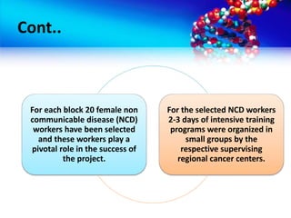 Cont..
For each block 20 female non
communicable disease (NCD)
workers have been selected
and these workers play a
pivotal role in the success of
the project.
For the selected NCD workers
2-3 days of intensive training
programs were organized in
small groups by the
respective supervising
regional cancer centers.
 