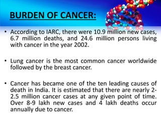 BURDEN OF CANCER:
• According to IARC, there were 10.9 million new cases,
6.7 million deaths, and 24.6 million persons living
with cancer in the year 2002.
• Lung cancer is the most common cancer worldwide
followed by the breast cancer.
• Cancer has became one of the ten leading causes of
death in India. It is estimated that there are nearly 2-
2.5 million cancer cases at any given point of time.
Over 8-9 lakh new cases and 4 lakh deaths occur
annually due to cancer.
 