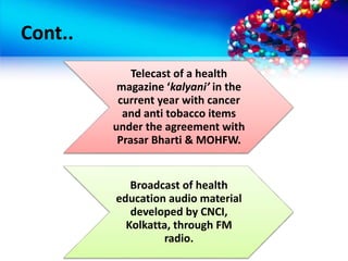 Cont..
Telecast of a health
magazine ‘kalyani’ in the
current year with cancer
and anti tobacco items
under the agreement with
Prasar Bharti & MOHFW.
Broadcast of health
education audio material
developed by CNCI,
Kolkatta, through FM
radio.
 
