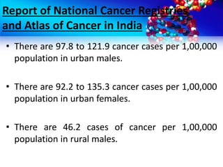 Report of National Cancer Registries
and Atlas of Cancer in India
• There are 97.8 to 121.9 cancer cases per 1,00,000
population in urban males.
• There are 92.2 to 135.3 cancer cases per 1,00,000
population in urban females.
• There are 46.2 cases of cancer per 1,00,000
population in rural males.
 