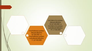 mortalidad países
desarrollados
4/100.000 vs
mortalidad países
subdesarrollados
11.2/100.000
incidencia países
desarrollados
10.3/100.000 vs
incidencia países
subdesarrollados
19.1/100.000
 