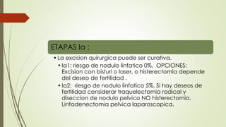ETAPAS Ia :
•La excision quirurgica puede ser curativa.
•Ia1: riesgo de nodulo linfatico 0%, OPCIONES:
Excision con bisturi o laser, o histerectomia depende
del deseo de fertilidad .
•Ia2: riesgo de nodulo linfatico 5%. Si hay deseos de
fertilidad considerar traquelectomia radical y
diseccion de nodulo pelvico NO histerectomia.
Linfadenectomia pelvica laparoscopica.
 