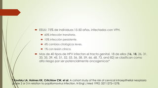  EEUU: 75% de individuos 15-50 años, infectados con VPH.
 60% infección transitoria.
 10% infección persistente.
 4% cambios citológicos leves.
 1% con lesión clínica.
 Mas de 40 tipos de HPV infectan el tracto genital, 18 de ellos (16, 18, 26, 31,
33, 35, 39, 45, 51, 52, 53, 56, 58, 59, 66, 68, 73, and 82) se clasifican como
alto riesgo por ser potencialmente oncogenicos*
* Koutsky LA, Holmes KK, Critchlow CW, et al. A cohort study of the risk of cervical intraepithelial neoplasia
grade 2 or 3 in relation to papillomavirus infection. N Engl J Med 1992; 327:1272–1278.
 