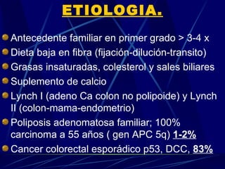 ETIOLOGIA.
Antecedente familiar en primer grado > 3-4 x
Dieta baja en fibra (fijación-dilución-transito)
Grasas insaturadas, colesterol y sales biliares
Suplemento de calcio
Lynch I (adeno Ca colon no polipoide) y Lynch
II (colon-mama-endometrio)
Poliposis adenomatosa familiar; 100%
carcinoma a 55 años ( gen APC 5q) 1-2%
Cancer colorectal esporádico p53, DCC, 83%
 