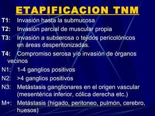 ETAPIFICACION TNM
T1:  Invasión hasta la submucosa
T2:  Invasión parcial de muscular propia
T3:  Invasión a subserosa o tejidos pericolónicos
     en áreas desperitonizadas.
T4: Compromiso serosa y/o invasión de órganos
  vecinos
N1: 1-4 ganglios positivos
N2: >4 ganglios positivos
N3: Metástasis ganglionares en el origen vascular
     (mesentérica inferior, cólica derecha etc.)
M+: Metástasis (hígado, peritoneo, pulmón, cerebro,
     huesos)
 