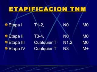 ETAPIFICACION TNM

Etapa I     T1-2,         N0     M0

Etapa II    T3-4,         N0     M0
Etapa III   Cualquier T   N1,2   M0
Etapa IV    Cualquier T   N3     M+
 
