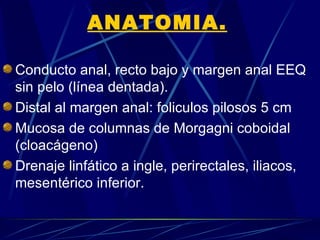 ANATOMIA.

Conducto anal, recto bajo y margen anal EEQ
sin pelo (línea dentada).
Distal al margen anal: foliculos pilosos 5 cm
Mucosa de columnas de Morgagni coboidal
(cloacágeno)
Drenaje linfático a ingle, perirectales, iliacos,
mesentérico inferior.
 