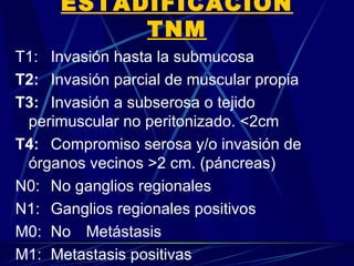 ESTADIFICACION
           TNM
T1: Invasión hasta la submucosa
T2: Invasión parcial de muscular propia
T3: Invasión a subserosa o tejido
 perimuscular no peritonizado. <2cm
T4: Compromiso serosa y/o invasión de
 órganos vecinos >2 cm. (páncreas)
N0: No ganglios regionales
N1: Ganglios regionales positivos
M0: No Metástasis
M1: Metastasis positivas
 