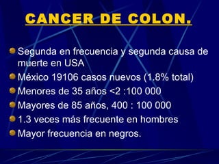 CANCER DE COLON.

Segunda en frecuencia y segunda causa de
muerte en USA
México 19106 casos nuevos (1.8% total)
Menores de 35 años <2 :100 000
Mayores de 85 años, 400 : 100 000
1.3 veces más frecuente en hombres
Mayor frecuencia en negros.
 