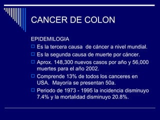 CANCER DE COLON

EPIDEMILOGIA
 Es la tercera causa de cáncer a nivel mundial.
 Es la segunda causa de muerte por cáncer.
 Aprox. 148,300 nuevos casos por año y 56,000
  muertes para el año 2002.
 Comprende 13% de todos los canceres en
  USA. Mayoría se presentan 50a.
 Periodo de 1973 - 1995 la incidencia disminuyo
  7.4% y la mortalidad disminuyo 20.8%.
 