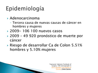  Adenocarcinoma
◦ Tercera causa de nuevas causas de cáncer en
hombres y mujeres
 2009- 106 100 nuevos casos
 2009 – 49 ...