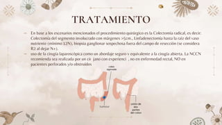 TRATAMIENTO
⤞ En base a los escenarios mencionados el procedimiento quirúrgico es la Colectomía radical, es decir:
Colectomía del segmento involucrado con márgenes >5cm., Linfadenectomía hasta la raíz del vaso
nutriente (mínimo 12N), biopsia ganglionar sospechosa fuera del campo de resección (se considera
R2 al dejar N+).
⤞ uso de la cirugía laparoscópica como un abordaje seguro y equivalente a la cirugía abierta. La NCCN
recomienda sea realizada por un cirujano con experiencia, no en enfermedad rectal, NO en
pacientes perforados y/o obstruídos.
 