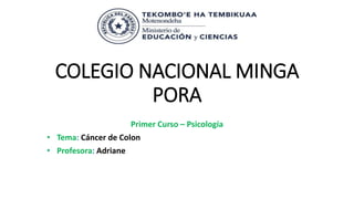 COLEGIO NACIONAL MINGA
PORA
Primer Curso – Psicología
• Tema: Cáncer de Colon
• Profesora: Adriane
 