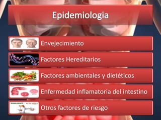 Envejecimiento

Factores Hereditarios

Factores ambientales y dietéticos

Enfermedad inflamatoria del intestino

Otros factores de riesgo
 