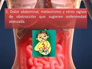3. Dolor abdominal, meteorismo y otros signos
  de obstrucción que sugieren enfermedad
  avanzada.
 