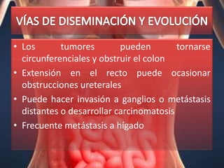 • Los       tumores        pueden        tornarse
  circunferenciales y obstruir el colon
• Extensión en el recto puede ocasionar
  obstrucciones ureterales
• Puede hacer invasión a ganglios o metástasis
  distantes o desarrollar carcinomatosis
• Frecuente metástasis a hígado
 