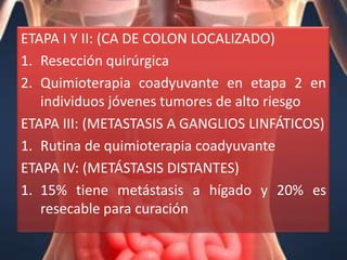ETAPA I Y II: (CA DE COLON LOCALIZADO)
1. Resección quirúrgica
2. Quimioterapia coadyuvante en etapa 2 en
   individuos jóvenes tumores de alto riesgo
ETAPA III: (METASTASIS A GANGLIOS LINFÁTICOS)
1. Rutina de quimioterapia coadyuvante
ETAPA IV: (METÁSTASIS DISTANTES)
1. 15% tiene metástasis a hígado y 20% es
   resecable para curación
 
