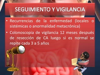 • Recurrencias de la enfermedad (locales o
  sistémicas o anormalidad metacrónica)
• Colonoscopia de vigilancia 12 meses después
  de resección de CA luego si es normal se
  repite cada 3 a 5 años
 