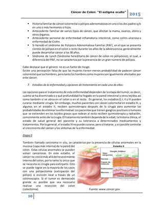 Cáncer de Colon: “El estigma oculto”
2015
10
 Historiafamiliarde cáncercolorrectal opóliposadenomatososenunoolosdos padresy/o
en uno o más hermanos o hijos.
 Antecedente familiar de varios tipos de cáncer, que afectan la mama, ovarios, útero y
otros órganos.
 Antecedente personal de enfermedad inflamatoria intestinal, como colitis ulcerosa o
enfermedad de Crohn.
 Si heredó el síndrome de Poliposis Adenomatosa Familiar (PAF), en el que se presenta
cientosde póliposenel colon o recto durante los años de la adolescencia; generalmente
puede desarrollar cáncer a los 30 años.
 Síndrome de Lynch (Síndrome hereditario de cáncer de colon no polipósico), el cual, a
diferencia del PAF, no se caracteriza por la presencia de un gran número de pólipos.
Cabe destacar que el género no es un factor de riesgo.
Existe una percepción falsa de que las mujeres tienen menos probabilidad de padecer cáncer
colorrectal que loshombres,perotantoloshombrescomomujeressonigualmente afectados por
este cáncer.
7. Estadios de la enfermedad y opciones de tratamiento en cada uno de ellos:
Las opciones para el tratamiento de esta enfermedad dependen de la etapa del tumor, es decir,
cuánto se ha diseminadooa qué profundidad ha llegado en la pared intestinal y otros tejidos así
como también si se ubica en el colon o en el recto. En general, los estadios 0, I, II y III pueden
curarse mediante cirugía. Sin embargo, muchos pacientes con cáncer colorrectal en estadio III, y
algunos en el estadio II, reciben quimioterapia después de la cirugía para aumentar las
probabilidadesde eliminarlaenfermedad.Lospacientesque tienen ganglios positivos o tumores
que se extienden en los tejidos grasos que rodean al recto reciben quimioterapia y radiación,
comúnmente antesde lacirugía.El tratamientotambiéndependede la edad, la historia clínica, el
estado de salud general del paciente y su tolerancia a determinados medicamentos y
tratamientos.Porlogeneral,el estadioIV nopuede curarse,perosítratarse, y esposible controlar
el crecimiento del cáncer y los síntomas de la enfermedad.
Etapa 0
También llamado carcinoma in situ, se caracteriza por la presencia de células anormales en la
mucosa (capa más interna) de la pared del
colon. Estas células anormales se pueden
volver cancerosas. En este estadio, el
cáncer no creciómás alládel revestimiento
internodel colon,porlo tanto lo único que
se necesita es cirugía para extirparlo. Esto
se puede lograr en la mayoría de los casos
con una polipectomía (extirpación del
pólipo) o escisión local a través de un
colonoscopio. Si el tumor es demasiado
grande es posible que sea necesario
realizar una resección del colon
(colectomía). Fuente: www.cancer.gov
 