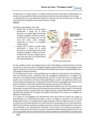 Cáncer de Colon: “El estigma oculto”
2015
14
Al igual que en la etapa anterior, el médico también puede recomendar la radioterapia si el
cirujano cree que pudieron haber quedado algunas células cancerosas después de la cirugía.
La radioterapia y/o la quimioterapia pueden ser opciones para las personas que no están lo
suficientemente saludables como para someterse a cirugía.
Etapa IV
Se divide en dos estadios: IVA y IVB.
 Estadio IVA: el cáncer se puede haber
diseminado a través de la pared
del colon y se puede haber diseminado
a órganos o ganglios linfáticos cercanos.
Se diseminó a un órgano que no está
cerca del colon, como el hígado,
un pulmón o un ovario, o a un ganglio
linfático lejano.
 Estadio IVB: El cáncer se puede haber
diseminado a través de la pared
del colon y se puede haber diseminado
a órganos o ganglios linfáticos cercanos.
Se diseminó a más de un órgano que no
está cerca del colon o al revestimiento
de la pared abdominal.
Fuente: www.cancer.gov
En este estadio el cáncer se propagó desde el colon hasta órganos y tejidos distantes. Con más
frecuencia, el cáncer de colon se propaga al hígado, aunque también se puede propagar a otros
lugares,tal comoa lospulmones,el peritoneo(lamembranaque recubre la cavidad abdominal) o
a los ganglios linfáticos distantes.
En la mayoría de los casos, es poco probable que la cirugía cure estos cánceres. Sin embargo, si
sólo hay presentes pocas y pequeñas áreas de propagación (metástasis) en el hígado o los
pulmones y se pueden extirpar completamente junto con el cáncer de colon, la cirugía puede
ayudar a que el paciente viva más y hasta podría llegar a curarlo. Esto significaría realizar una
colectomíaparcial, además de la cirugía para eliminar las áreas de propagación del cáncer. Por lo
general, también se administra quimioterapia después y/o antes de la operación.
Si las metástasis no se pueden extirpar quirúrgicamente debido a que son muy grandes o hay
demasiadas,se puede administrarquimioterapiaantesde cualquiercirugía.Luego,si el tamañode
los tumores se reduce, se puede tratar una cirugía. Entonces, se puede administrar nuevamente
quimioterapia después de la cirugía. Otra opción sería destruir los tumores en el hígado con
ablación o embolización.
Si el cáncer se ha propagado muy ampliamente como para tratar de curarlo con cirugía, la
quimioterapia es el tratamiento principal. A veces, la cirugía es necesaria si el cáncer está
bloqueando el colon, o es probable que lo haga. Se puede evitar tal cirugía al insertar un “stent”
(untubo huecode metal o plástico) enel colon durante la colonoscopia con el fin de mantenerlo
abierto.De locontrario,puede que enalgunoscasosaún se llevenacabooperaciones,tales como
una colectomía o una colostomía de derivación, ésta consiste en una abertura quirúrgica, o
estoma,a travésde la cual el colon se conectaa lasuperficie abdominal para proporcionar una vía
por la que puedan salir los excrementos del cuerpo y puedan ser recolectados en una bolsa que
 