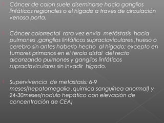    Cáncer de colon suele diseminarse hacia ganglios
    linfáticos regionales o el hígado a traves de circulación
    venosa porta.

   Cáncer colorrectal rara vez envía metástasis hacia
    pulmones ,ganglios linfáticos supraclaviculares ,hueso o
    cerebro sin antes haberlo hecho al hígado; excepto en
    tumores primarios en el tercio distal del recto
    alcanzando pulmones y ganglios linfáticos
    supraclaviculares sin invadir hígado.

   Supervivencia de metastasis: 6-9
    meses(hepatomegalia ,quimica sanguínea anormal) y
    24-30meses(nodulo hepático con elevación de
    concentración de CEA)
 