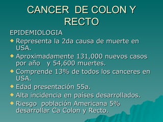 CANCER DE COLON Y
          RECTO
EPIDEMIOLOGIA
 Representa la 2da causa de muerte en
  USA.
 Aproximadamente 131,000 nuevos casos
  por año y 54,600 muertes.
 Comprende 13% de todos los canceres en
  USA.
 Edad presentación 55a.
 Alta incidencia en países desarrollados.
 Riesgo población Americana 5%
  desarrollar Ca Colon y Recto.
 