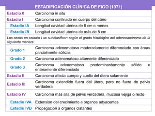 ESTADIFICACIÓN CLÍNICA DE FIGO (1971)
Estadio 0 Carcinoma in situ
Estadio I Carcinoma confinado en cuerpo del útero
Estadio IA Longitud cavidad uterina de 8 cm o menos
Estadio IB Longitud cavidad uterina de más de 8 cm
Los casos en estadio I se subclasifican según el grado histológico del adenocarcinoma de la
siguiente manera:
Grado 1
Carcinoma adenomatoso moderadamente diferenciado con áreas
parcialmente sólidas
Grado 2 Carcinoma adenomatoso altamente diferenciado
Grado 3
Carcinoma adenomatoso predominantemente sólido o
enteramente diferenciado
Estadio II Carcinoma afecta cuerpo y cuello del útero solamente
Estadio III
Carcinoma extendido fuera del útero, pero no fuera de pelvis
verdadera
Estadio IV Carcinoma más alla de pelvis verdadera, mucosa vejiga o recto
Estadio IVA Extensión del crecimiento a órganos adyacentes
Estadio IVB Propagación a órganos distantes
 
