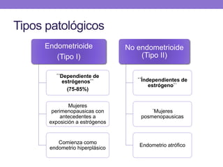 Tipos patológicos
Endometrioide
(Tipo I)
´´Dependiente de
estrógenos``
(75-85%)
Mujeres
perimenopausicas con
antecedentes a
exposición a estrógenos
Comienza como
endometrio hiperplásico
No endometrioide
(Tipo II)
´´Índependientes de
estrógeno``
´Mujeres
posmenopausicas
Endometrio atrófico
 