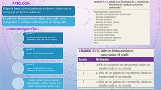PATOLOGÍA
Mayoria tiene adenocarcinoma endometrioide que se
comporta en forma indolente.
Rx pélvica: Preponderancia etapa avanzada, alta
malignidad y subtipos histológicos de riesgo alto
Grado histológico: FIGO
grado 1:
•indolentes con tendencia mínima a
diseminarse fuera del útero o recurrir
grado 2
•tienen un pronóstico intermedio.
grado 3
•mayor probabilidad de invasión
miometrial y metástasis ganglionar
atipia nuclear con un avance
inapropiado: eleva un grado a un
tumor como pasar grado 1 a 2.
 