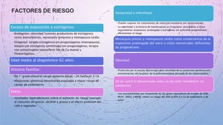 FACTORES DE RIESGO
Exceso de exposición a estrógenos:
•Endógenos: obesidad, tumores productores de estrógenos,
ciclos anovulatorios, menarquia temprana y menopausia tardía.
•Exógenos: terapia estrogénica sin progestágenos (menopausia),
terapia con estrógenos combinada con progestágenos, terapia
con antiestrogeno tamoxifeno (tto de Ca mama) y
fitoestrógenos.
Edad media al diagnóstico 62 años.
Historia familiar:
•De 1° grado afecta el riesgo aumenta desde <2% hasta un 3.1%.
•Mutaciones genéticas hereditarias asociadas a mayor riesgo de
cáncer de endometrio.
Dieta:
•resultados contradictorios sobre el aumento de riesgo asociado
al consumo de azúcar, alcohol o grasas y el efecto protector del
café o vegetales.
Nuliparidad o infertilidad.
•Pueden suponer los tratamientos de inducción ovulatoria son inconsistentes.
•La esterilidad y la historia de menstruacion es irregulares secundarias a ciclos
anovulatórios (exposicion prolongada a estrogenos sin suficiente progesterona)
incrementan el riesgo
Menarquia precoz y menopausia tardía como consecuencia de la
exposicion prolongada del utero a ciclos menstruales deficientes
de progesterona
Obesidad:
•Producido por el exceso de estrona como resultado de la conversion periferica por
aromatizacion, em la grasa, de la androstenediona derivada de las suprarrenales)
SD de Lynch II (denominado antes ca de colon hereditario no
poliposico)
•con susceptibilidad por mutaciones en los genes reparadores de errores de ADN
MLH1, MSH2 y MSH6, tienen un riesgo del 40% al 60% d e Ca de endometrio y de
colon
 