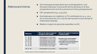 Adenocarcinoma:
■ Quimioterapia perioperatoria que contenga platino y una
fluoropirimidina por una duración de 8-9 semanas en la fase
preoperatoria (así como 8-9 semanas en la fase postoperatoria)
■ CRT preoperatoria (41.4-50.5Gy)
■ Quimioterapia con cisplatino / 5-FU combinada con 41.4- 50.4
Gy en fracciones de 1.8-2.0Gy ha sido durante mucho tiempo el
tratamiento estándar.
■ Realizar cirugía a los pacientes operables conAC.
NCCN Guidelines for Patients, Esophageal Cancer,Version 1,2016.
 
