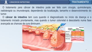 11
TRATAMENTO
O tratamento para câncer de intestino pode ser feito com cirurgia, quimioterapia,
radioterapia ou imunoterapia, dependendo da localização, tamanho e desenvolvimento do
tumor.
O câncer de intestino tem cura quando é diagnosticado no início da doença e o
tratamento iniciado prontamente, mas quando o tumor colorretal é descoberto numa fase
avançada as chances de cura diminuem.
 