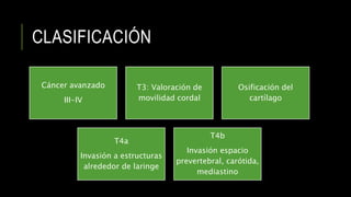 CLASIFICACIÓN
Cáncer avanzado
III-IV
T3: Valoración de
movilidad cordal
Osificación del
cartílago
T4a
Invasión a estructuras
alrededor de laringe
T4b
Invasión espacio
prevertebral, carótida,
mediastino
 