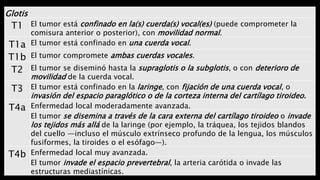 Glotis
T1 El tumor está confinado en la(s) cuerda(s) vocal(es) (puede comprometer la
comisura anterior o posterior), con movilidad normal.
T1a El tumor está confinado en una cuerda vocal.
T1b El tumor compromete ambas cuerdas vocales.
T2 El tumor se diseminó hasta la supraglotis o la subglotis, o con deterioro de
movilidad de la cuerda vocal.
T3 El tumor está confinado en la laringe, con fijación de una cuerda vocal, o
invasión del espacio paraglótico o de la corteza interna del cartílago tiroideo.
T4a Enfermedad local moderadamente avanzada.
El tumor se disemina a través de la cara externa del cartílago tiroideo o invade
los tejidos más allá de la laringe (por ejemplo, la tráquea, los tejidos blandos
del cuello —incluso el músculo extrínseco profundo de la lengua, los músculos
fusiformes, la tiroides o el esófago—).
T4b Enfermedad local muy avanzada.
El tumor invade el espacio prevertebral, la arteria carótida o invade las
estructuras mediastínicas.
 
