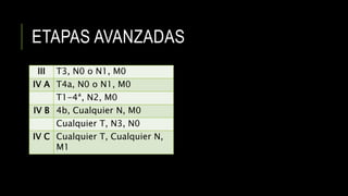 ETAPAS AVANZADAS
III T3, N0 o N1, M0
IV A T4a, N0 o N1, M0
T1-4ª, N2, M0
IV B 4b, Cualquier N, M0
Cualquier T, N3, N0
IV C Cualquier T, Cualquier N,
M1
 