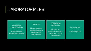 LABORATORIALES
ALBUMINA,
TRANSFERRINA
Valoración de
estado nutricional
CALCIO
Hipercalcemia
puede significar
enfermedad
metastasica
Es, crS y BH
Prequirurgicos.
FOSFATASA
ALCALINA
Elevada en
Metastasis Oseas,
hepática y otras
condiciones
 