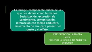 PRESERVACION LARINGEA
Meta:
Preservar la función del habla y la
deglución.
La laringe, componente critico de lo
que nos define como humanos.
Socialización, expresión de
sentimiento, comunicación,
interacción con medio ambiente,
movimiento de aire para permitir el
gusto y el olfato.
 