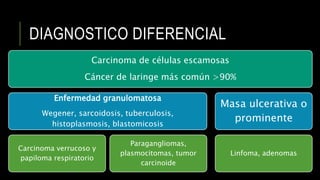 DIAGNOSTICO DIFERENCIAL
Carcinoma de células escamosas
Cáncer de laringe más común >90%
Enfermedad granulomatosa
Wegener, sarcoidosis, tuberculosis,
histoplasmosis, blastomicosis
Carcinoma verrucoso y
papiloma respiratorio
Paragangliomas,
plasmocitomas, tumor
carcinoide
Masa ulcerativa o
prominente
Linfoma, adenomas
 