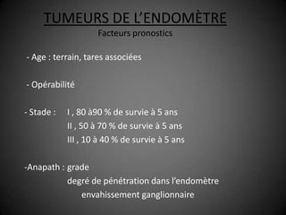 TUMEURS DE L’ENDOMÈTRE
                    Facteurs pronostics

- Age : terrain, tares associées

- Opérabilité

- Stade :   I , 80 à90 % de survie à 5 ans
            II , 50 à 70 % de survie à 5 ans
            III , 10 à 40 % de survie à 5 ans

-Anapath : grade
           degré de pénétration dans l’endomètre
              envahissement ganglionnaire
 