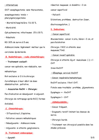 • Alternatives:
OST: œsophagectomie sans thoracotomie,
œsophagectomie totale +
pharyngolaryngectomie
• Mortalité hospitalière: 5 à 10 %.
• Morbidité:
Cpk pulmonaires, infectieuses: 25 à 30 %.
• Résultats:
R0: 30% de survie à 5 ans.
Adénocarcinome légèrement meilleur que le
carcinome épidermoïde.
B. Radiothérapie – radio chimiothérapie:
• Traitement exclusif:
cancer non opérable, non résécable, non
métastatique
Rxt exclusive si Ci à la chirurgie
Curiethérapie à haut débit de dose:
désobstruction palliative.
• Association RxCht + Chirurgie:
Pas d’indication en néoadjuvant ni adjuvant.
Chirurgie de rattrapage après RCC ( formes
évoluées).
C. Chimiothérapie:
• 5 FluoroUracil, Cisplatine.
• Palliative: cancers métastatiques
• Néoadjuvante : Adénocarcinome
• Adjuvante: si atteinte ganglionnaire.
D. Traitement endoscopique:
• Curatif:
résection muqueuse si diamètre < 2 cm
cancer superficiel
• Palliatif:
Dilatations, prothèses, destruction (laser,
électrocoagulation…)
3. Indications:
• Cancer superficiel:
Mucosectomie: cancer in situ, lésion < 2 cm, et
pas d’ulcération
Chirurgie / RCC: si atteinte sous
muqueuse,T1m3.
• Cancer invasif opérable:
Chirurgie si atteinte Gg et musculeuse (-); +/-
CHT
Sinon RxCHT
• Œsophage cervical: RxCHT
• Cancer inopérable/metastatique:
RxCHT exclusive / Rxt/ CHT.
Fistule oeso-trachéale: prothèse, jéjunostomie.
Dysphagie ++ : RxCHT
Dysphagie+/-: CHT
CONCLUSION ;
• Cancer fréquent.
• Diagnostic tardif limitant les chances de
survie.
• Chirurgie lourde.
• Traitement non chirurgical possible dans les
stades précoces.
5/5
 