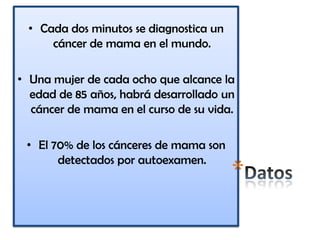 • Cada dos minutos se diagnostica un
      cáncer de mama en el mundo.

• Una mujer de cada ocho que alcance la
  edad de 85 años, habrá desarrollado un
  cáncer de mama en el curso de su vida.

 • El 70% de los cánceres de mama son
       detectados por autoexamen.
                                         *
 