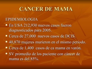 CANCER DE MAMA
FACTORES DE RIESGO
 BRCA-1 ó BRCA-2 riesgo de 50-85%.

 Sx. Li-Fraumeni ( sarcomas, tumores

  cerebrales...